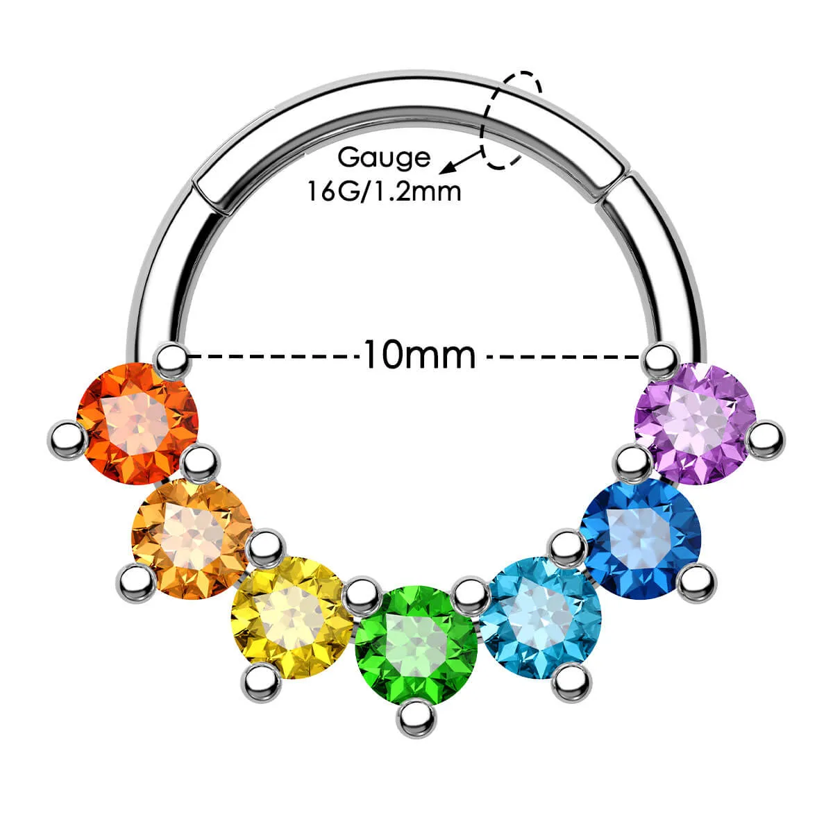 16G Rainbow CZ Hinged Segment Septum Ring
