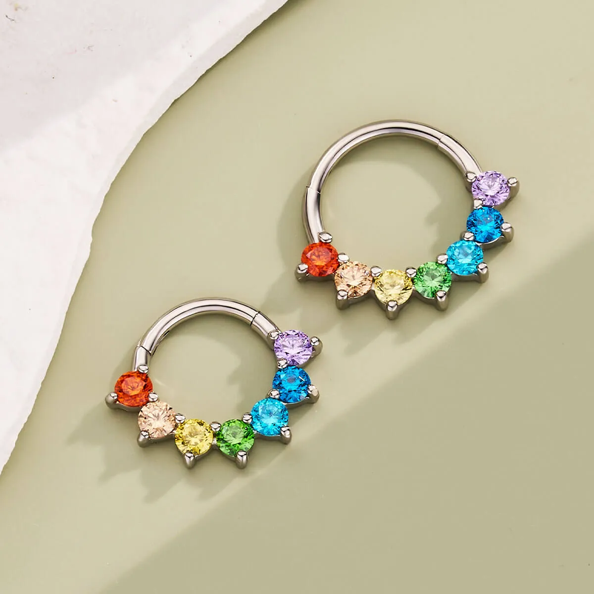 16G Rainbow CZ Hinged Segment Septum Ring