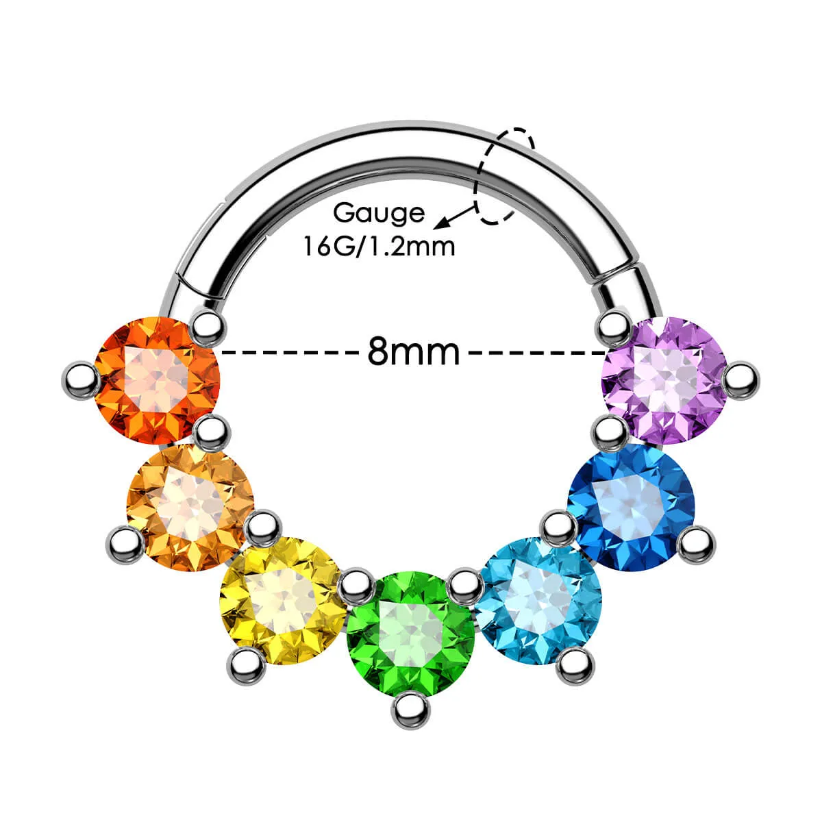 16G Rainbow CZ Hinged Segment Septum Ring