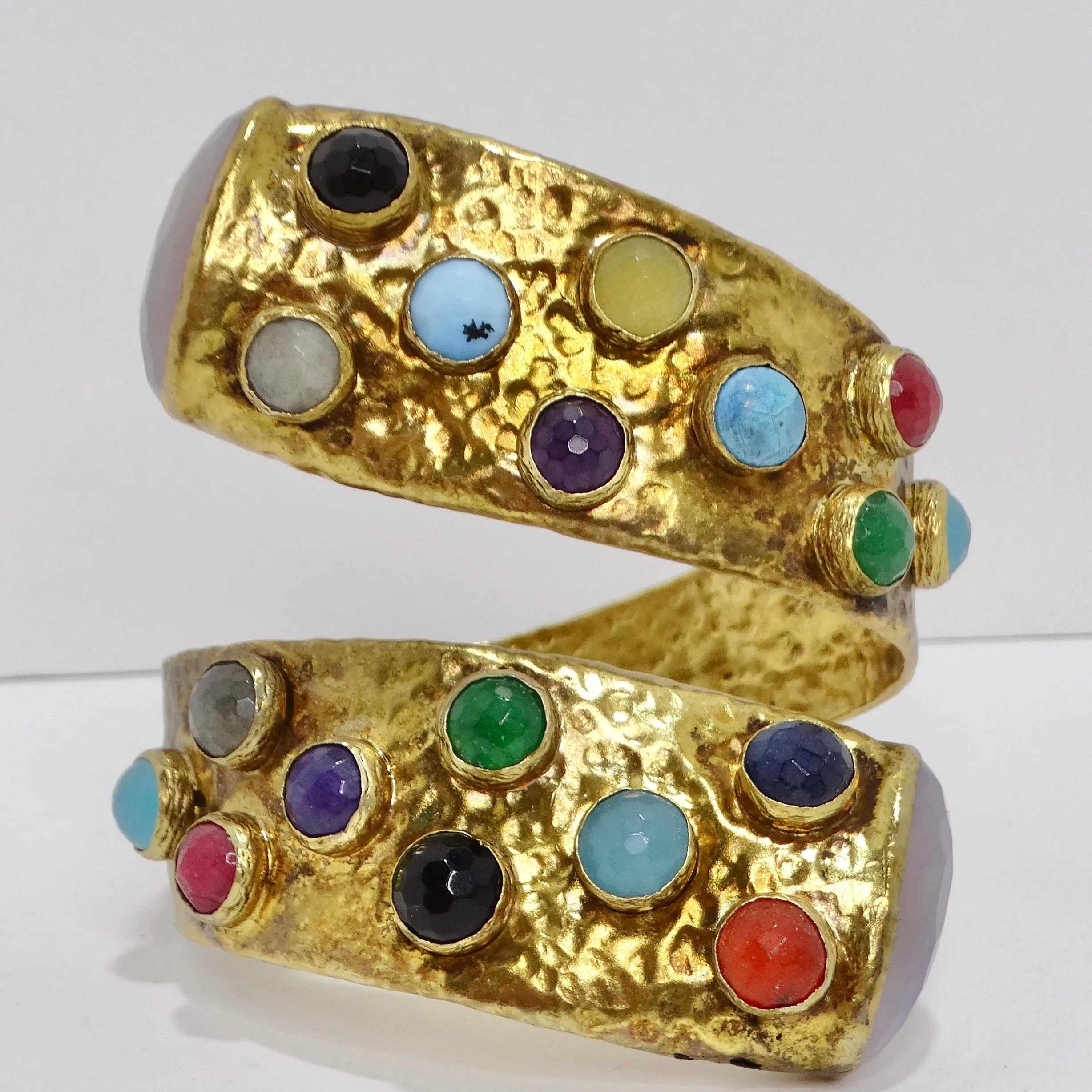 1970s Brass Multicolor Gemstone Cuff Bracelet