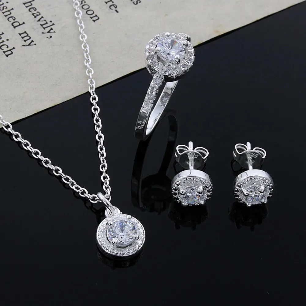 925 Sterling Silver Elegant Shiny Crystal Jewelry Set