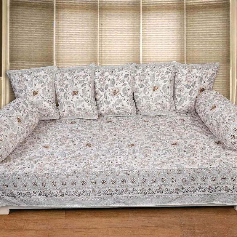 Ansa Flora Diwan Set (Grey) - Eight Piece Set