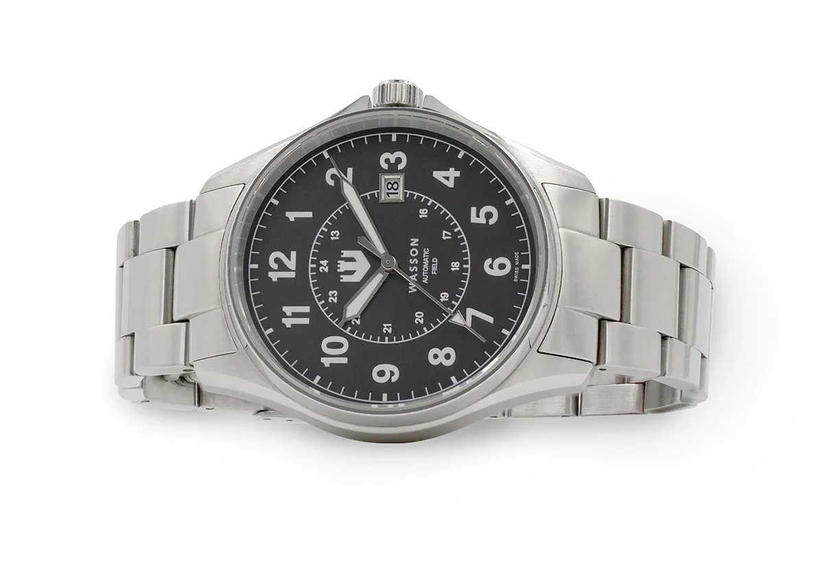 Automatic Field Watch with Stainless Steel Bracelet, Leather Watch Roll, Watch Tool Kit and Nylon ZULU Strap