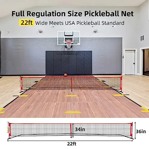 Bearwill Pickleball Net, 22 FT Regulation Size Portable Pickleball Net, Pickle Ball Net with Exclusive Ball Holder, Court Marker, 4 Pickleballs & Carry Bag, Pickle Ball Net for Outdoor Indoor Driveway