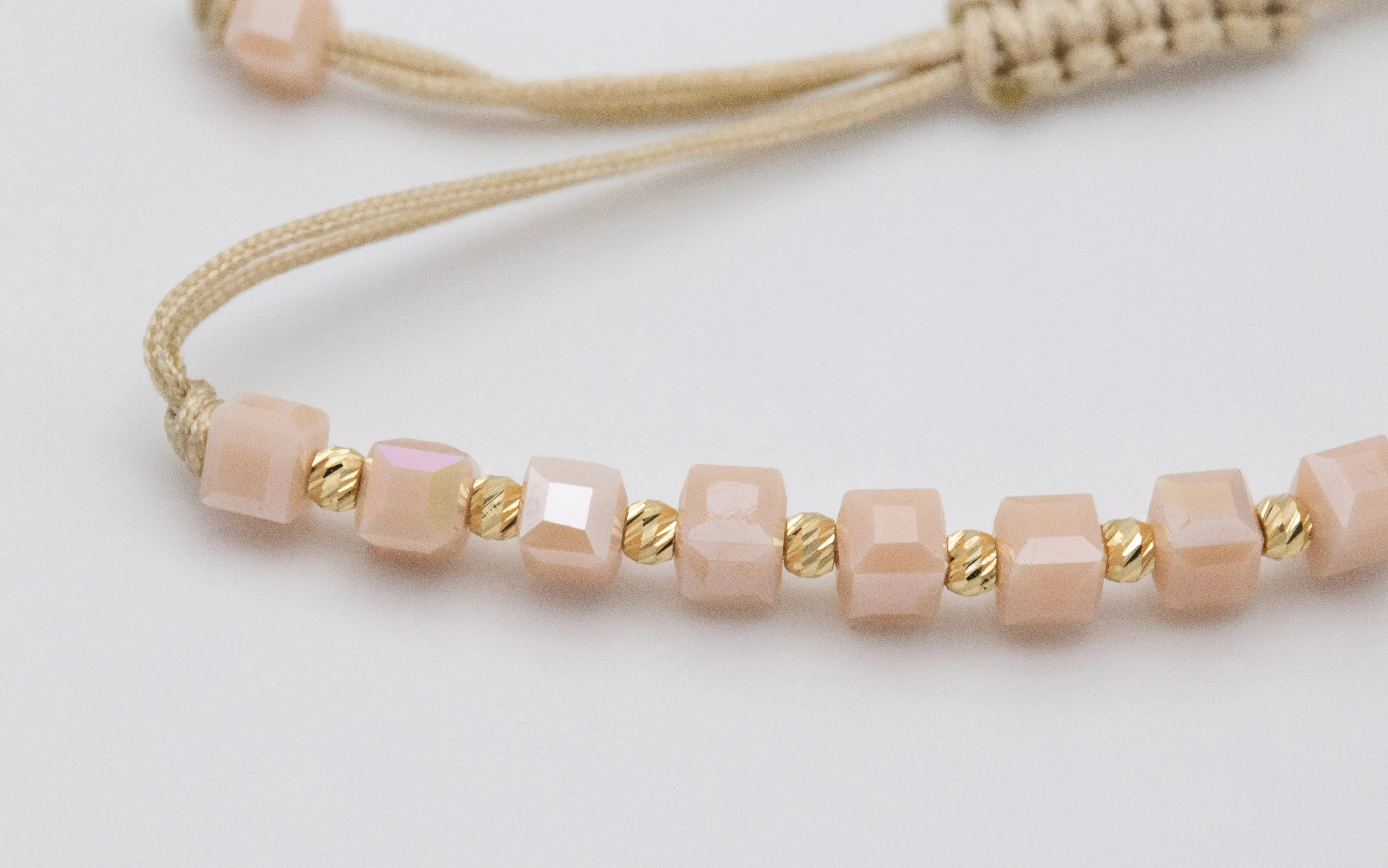 Beige String Bracelet with Solid 14K Yellow Gold Beads