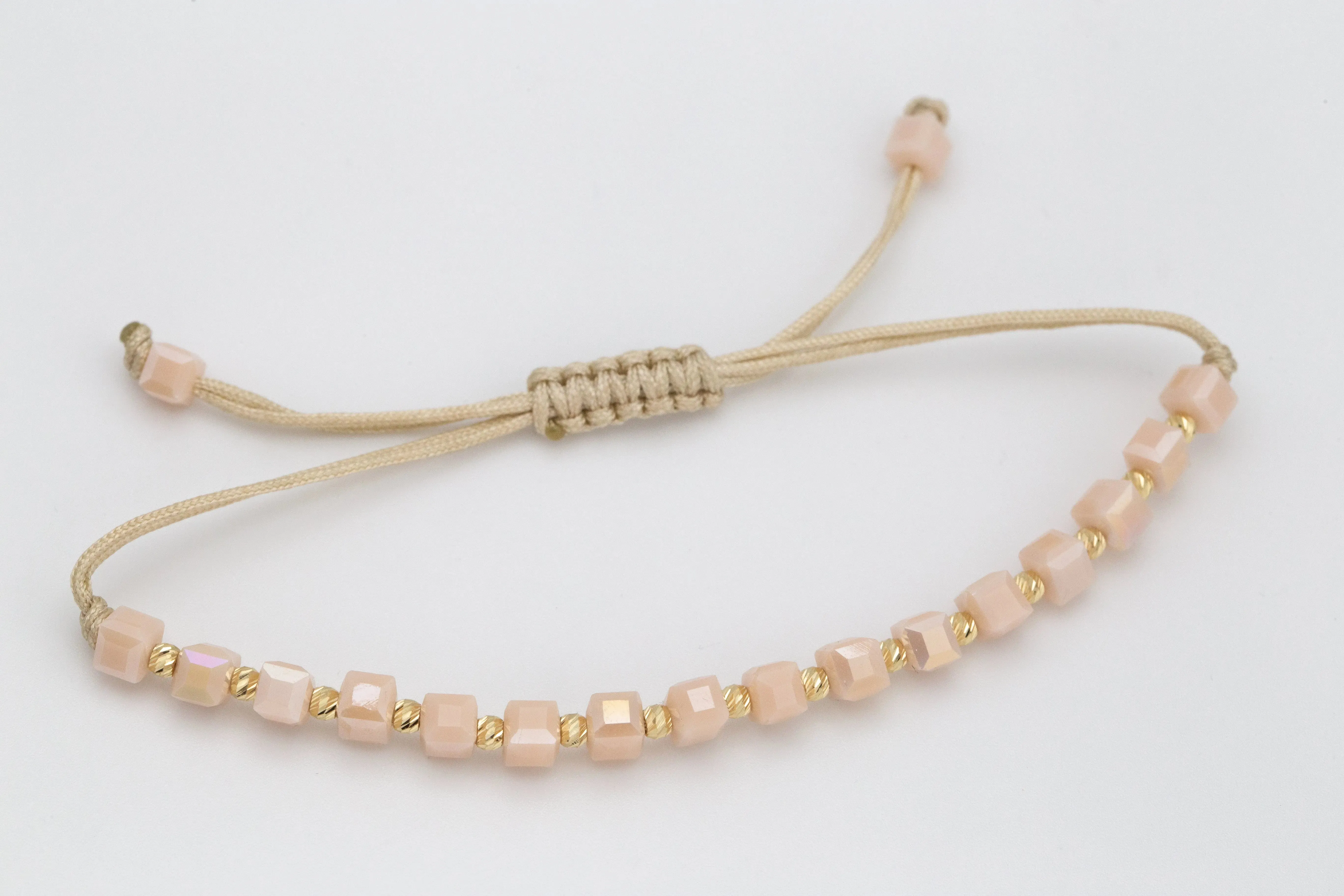 Beige String Bracelet with Solid 14K Yellow Gold Beads
