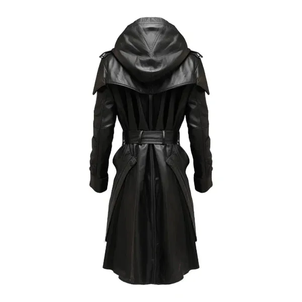 Black Stylish Hooded Genuine Leather Coat