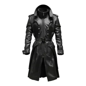 Black Stylish Hooded Genuine Leather Coat
