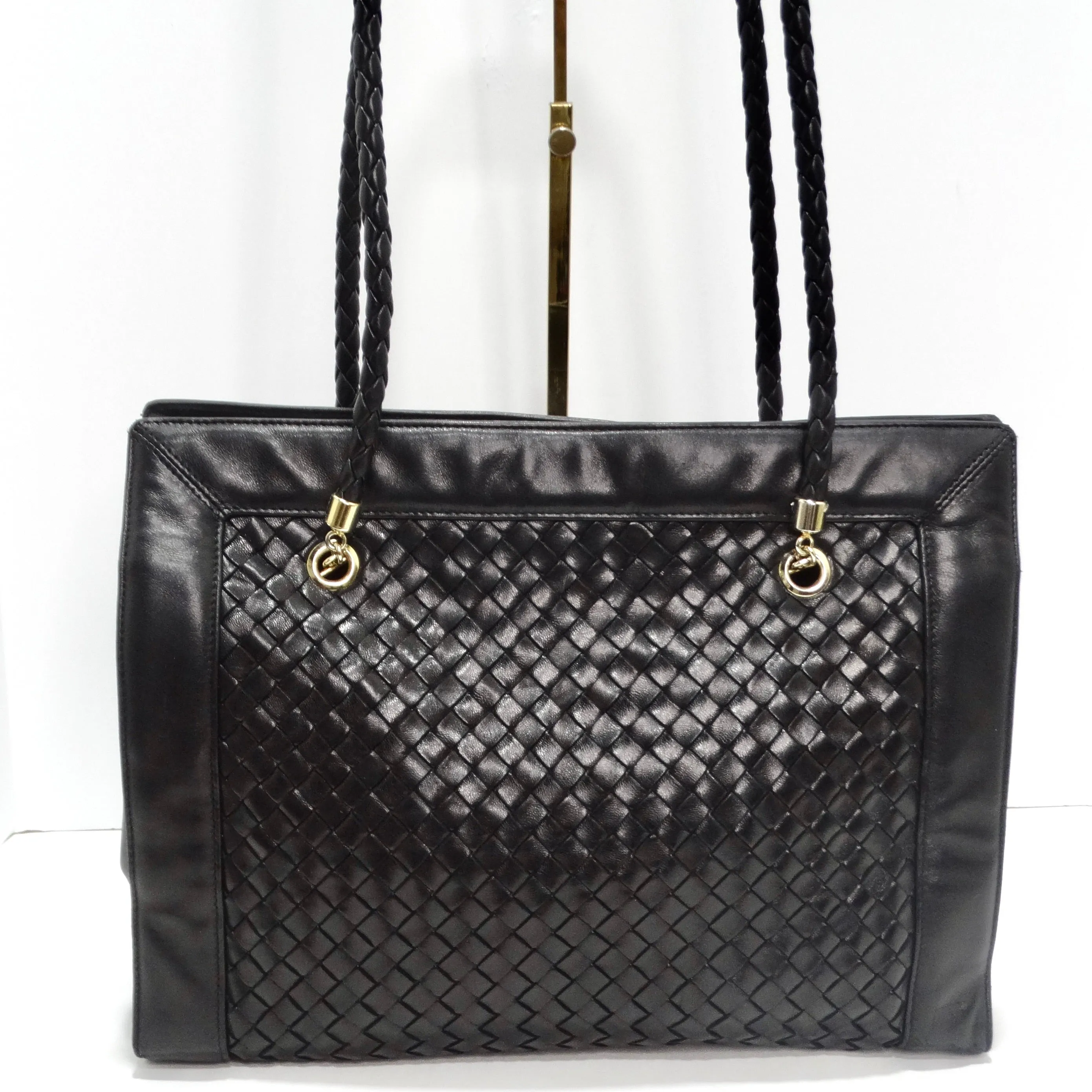 Bottega Veneta 1980s Black Leather Woven Handbag