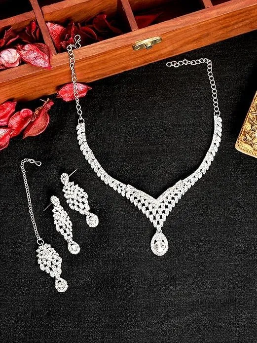 Bridal Crystal Jewelry Set for Women Necklace Earrings Maangtikka Set Wedding Silver Plated