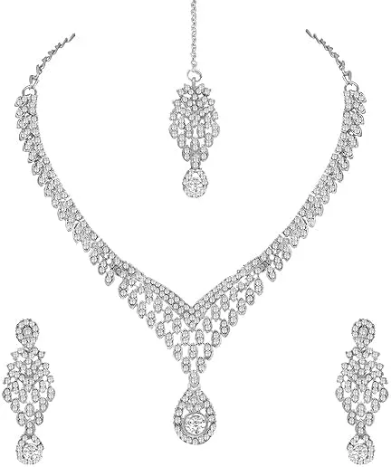 Bridal Crystal Jewelry Set for Women Necklace Earrings Maangtikka Set Wedding Silver Plated