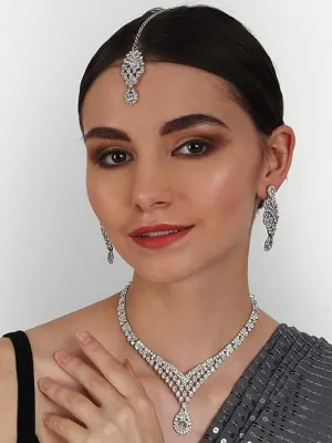 Bridal Crystal Jewelry Set for Women Necklace Earrings Maangtikka Set Wedding Silver Plated
