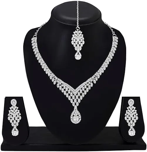 Bridal Crystal Jewelry Set for Women Necklace Earrings Maangtikka Set Wedding Silver Plated