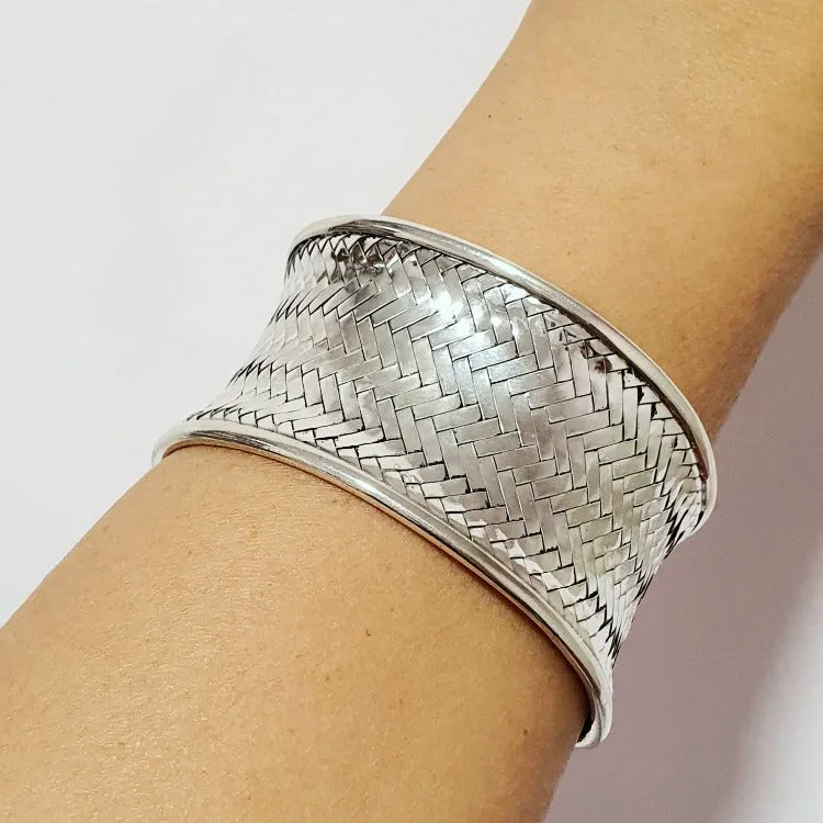 Chunky Statement Silver Cuff Bangle for Women | 925 Sterling Silver Cuff For Girls Woven Details