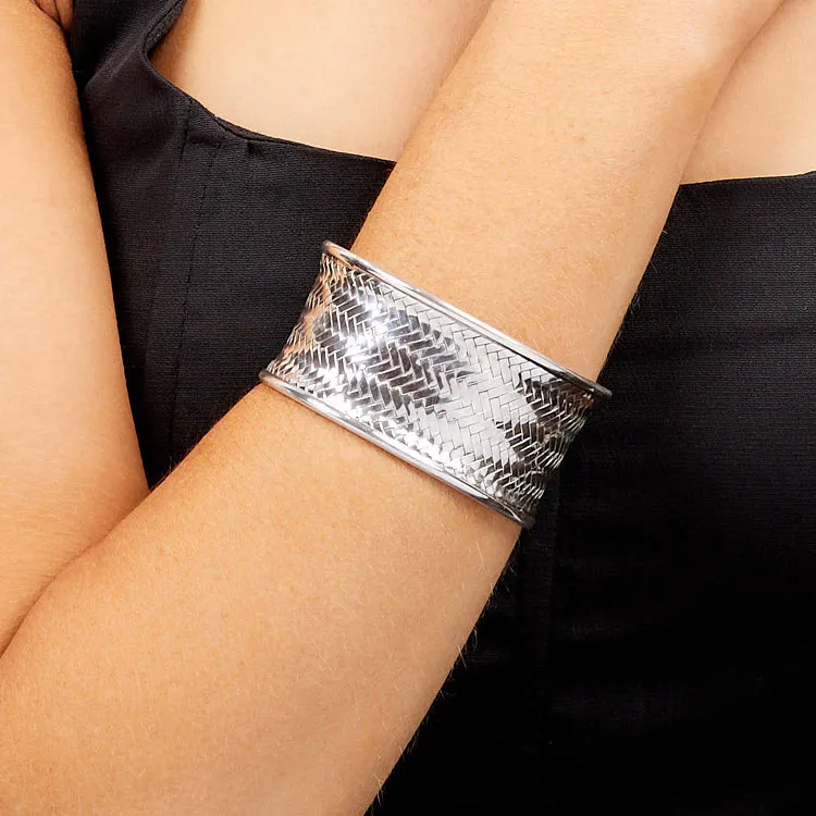 Chunky Statement Silver Cuff Bangle for Women | 925 Sterling Silver Cuff For Girls Woven Details
