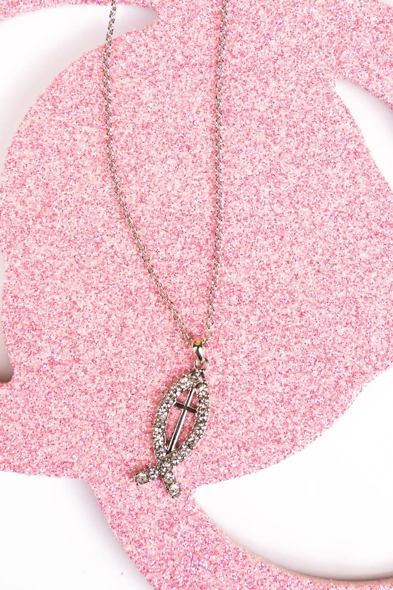 Crystal Avenue Silvertone Crystal Jesus Fish Cross Necklace