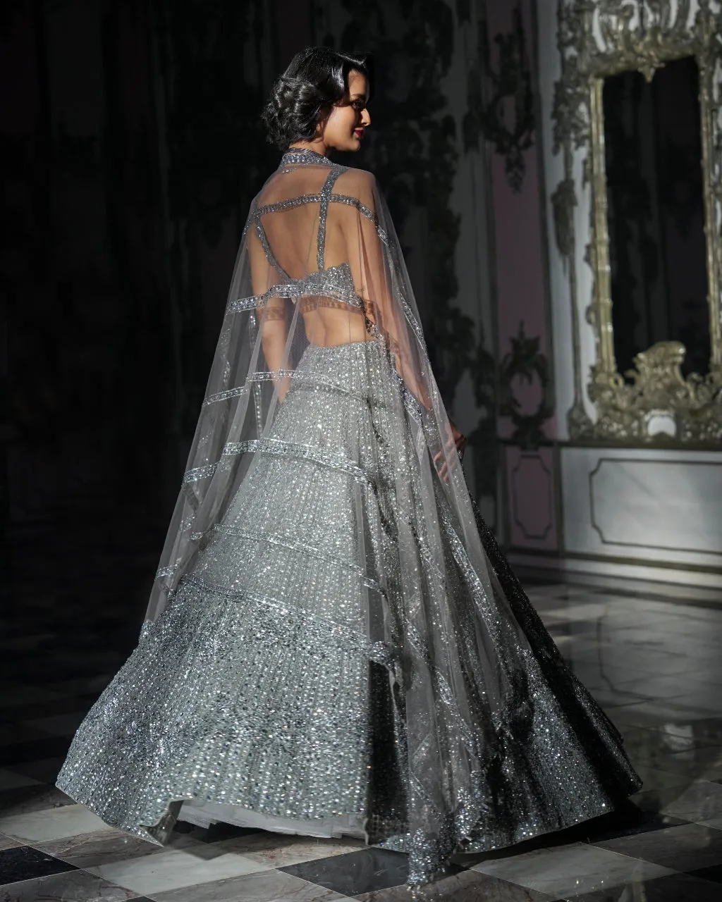Dark Grey Sequin Lehenga Set