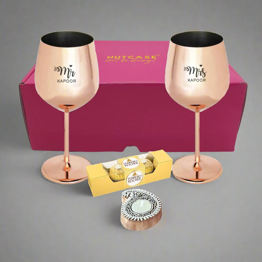 Diwali Gift for Couple Custom Copper Wine Glasses with Beautiful Candle Holder
