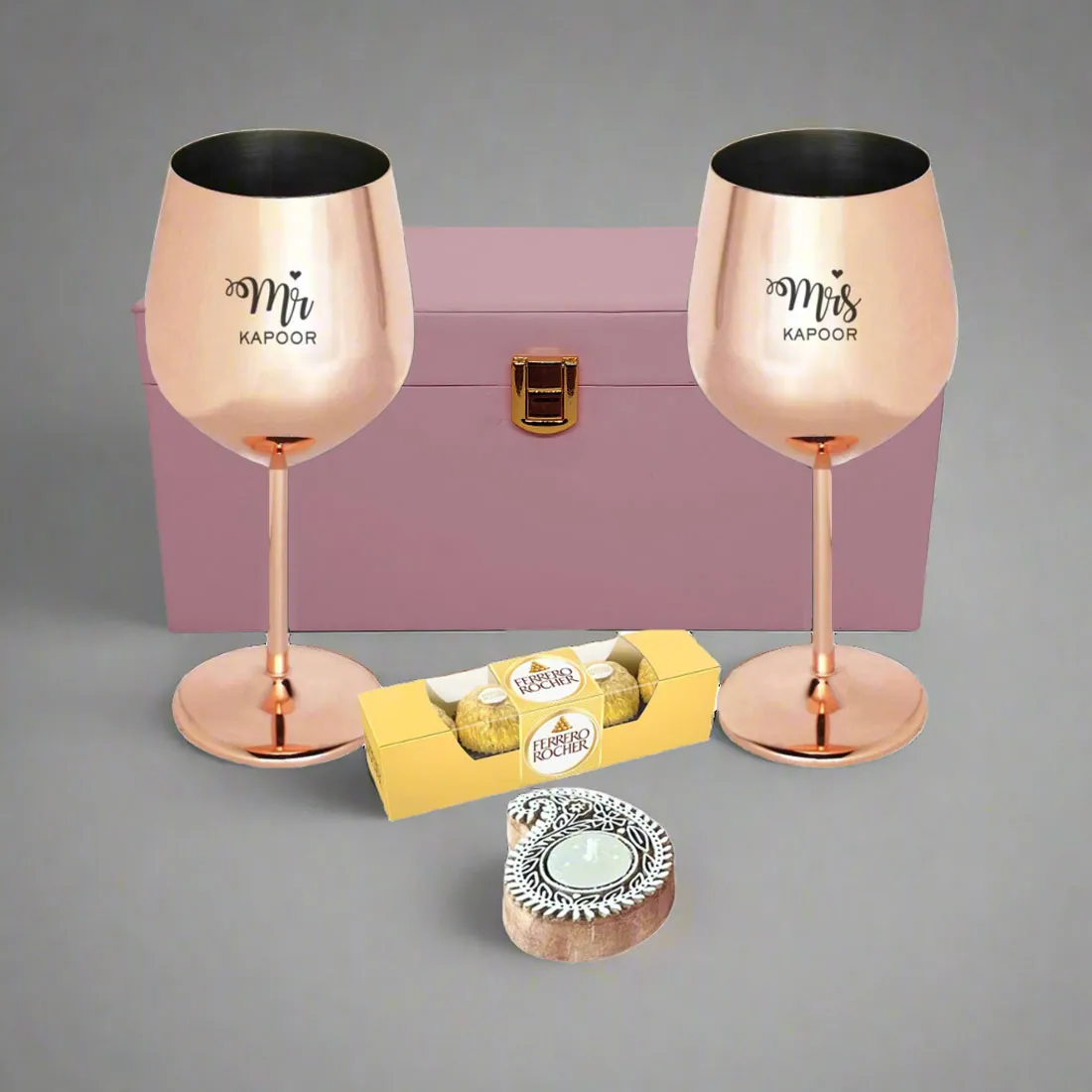 Diwali Gift for Couple Custom Copper Wine Glasses with Beautiful Candle Holder