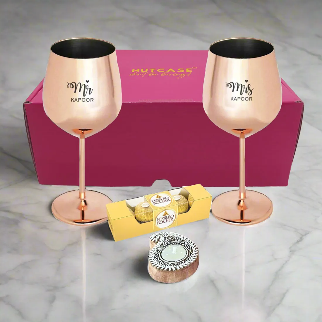 Diwali Gift for Couple Custom Copper Wine Glasses with Beautiful Candle Holder