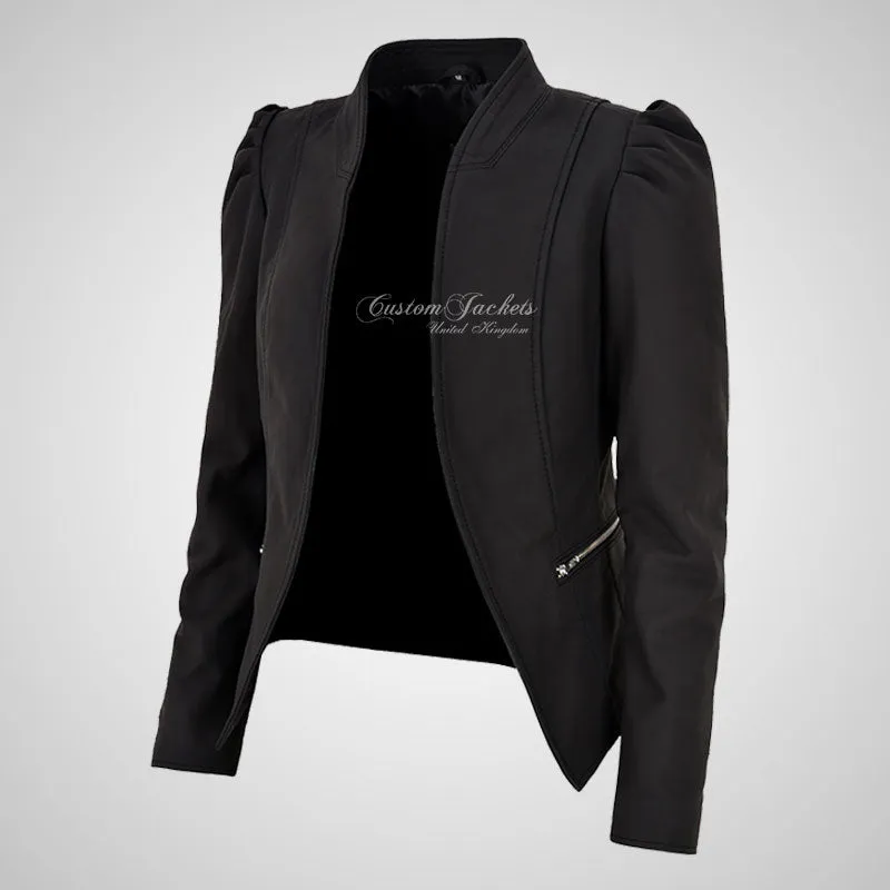 ELENA Ladies Matte Leather Puff Sleeves Leather Jacket