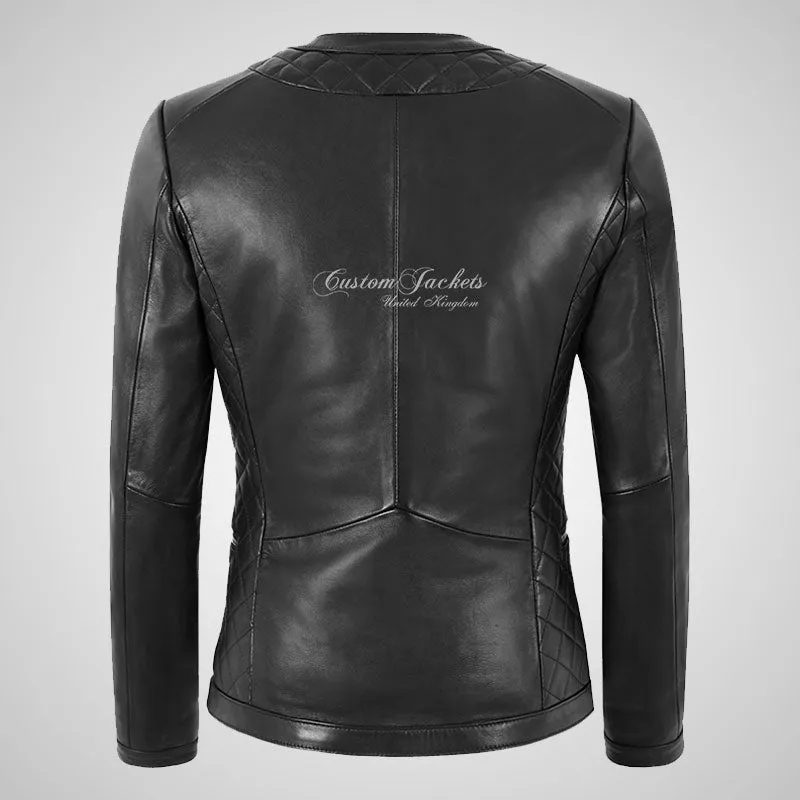 EMBERLY Women Collarless Leather Jacket Quilted Body