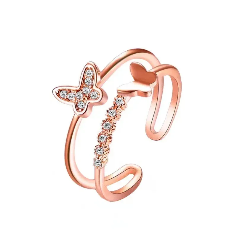 Exquisite Zircon Double Opening Butterfly Ring For Woman Fashion Jewelry 2023 New Wedding Party Luxury Accessories Rings