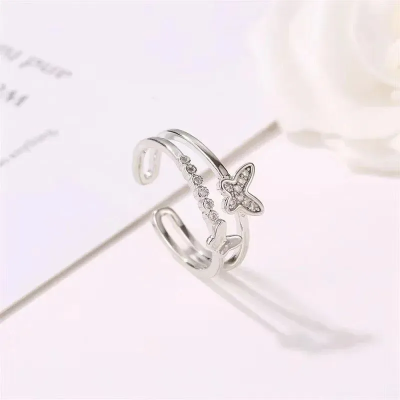 Exquisite Zircon Double Opening Butterfly Ring For Woman Fashion Jewelry 2023 New Wedding Party Luxury Accessories Rings