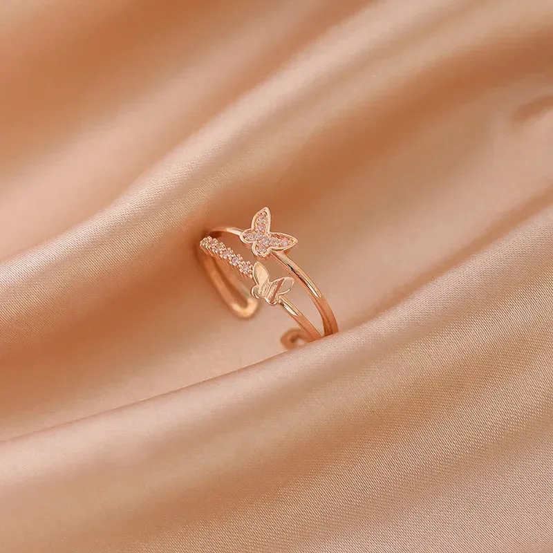 Exquisite Zircon Double Opening Butterfly Ring For Woman Fashion Jewelry 2023 New Wedding Party Luxury Accessories Rings
