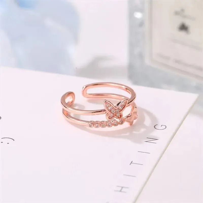 Exquisite Zircon Double Opening Butterfly Ring For Woman Fashion Jewelry 2023 New Wedding Party Luxury Accessories Rings