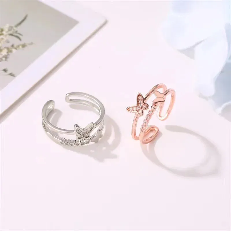 Exquisite Zircon Double Opening Butterfly Ring For Woman Fashion Jewelry 2023 New Wedding Party Luxury Accessories Rings