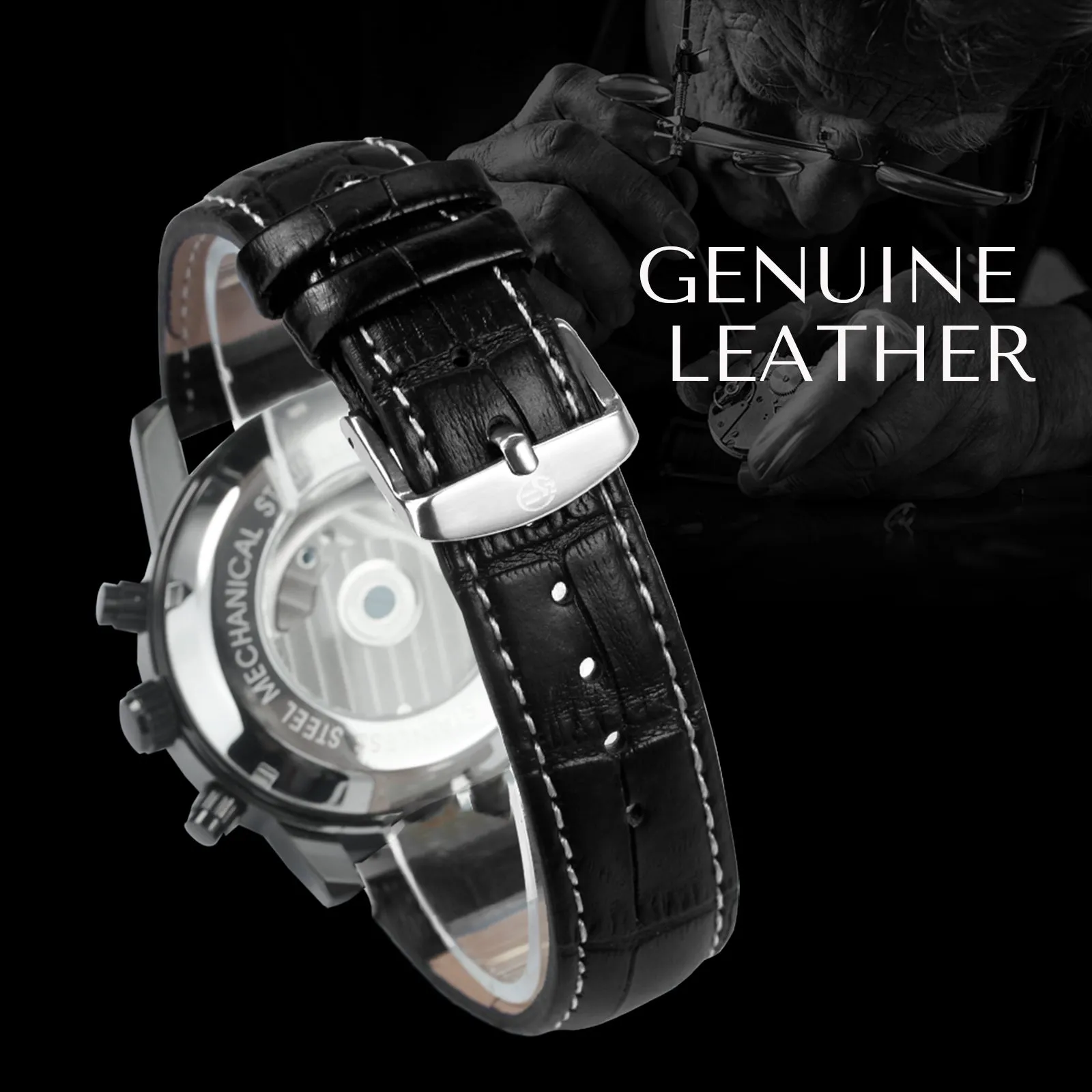 Forsining Vintage Tourbillon Skeleton Automatic Mechanical Watches for Men A165 Multifunction Dial Genuine Leather Strap
