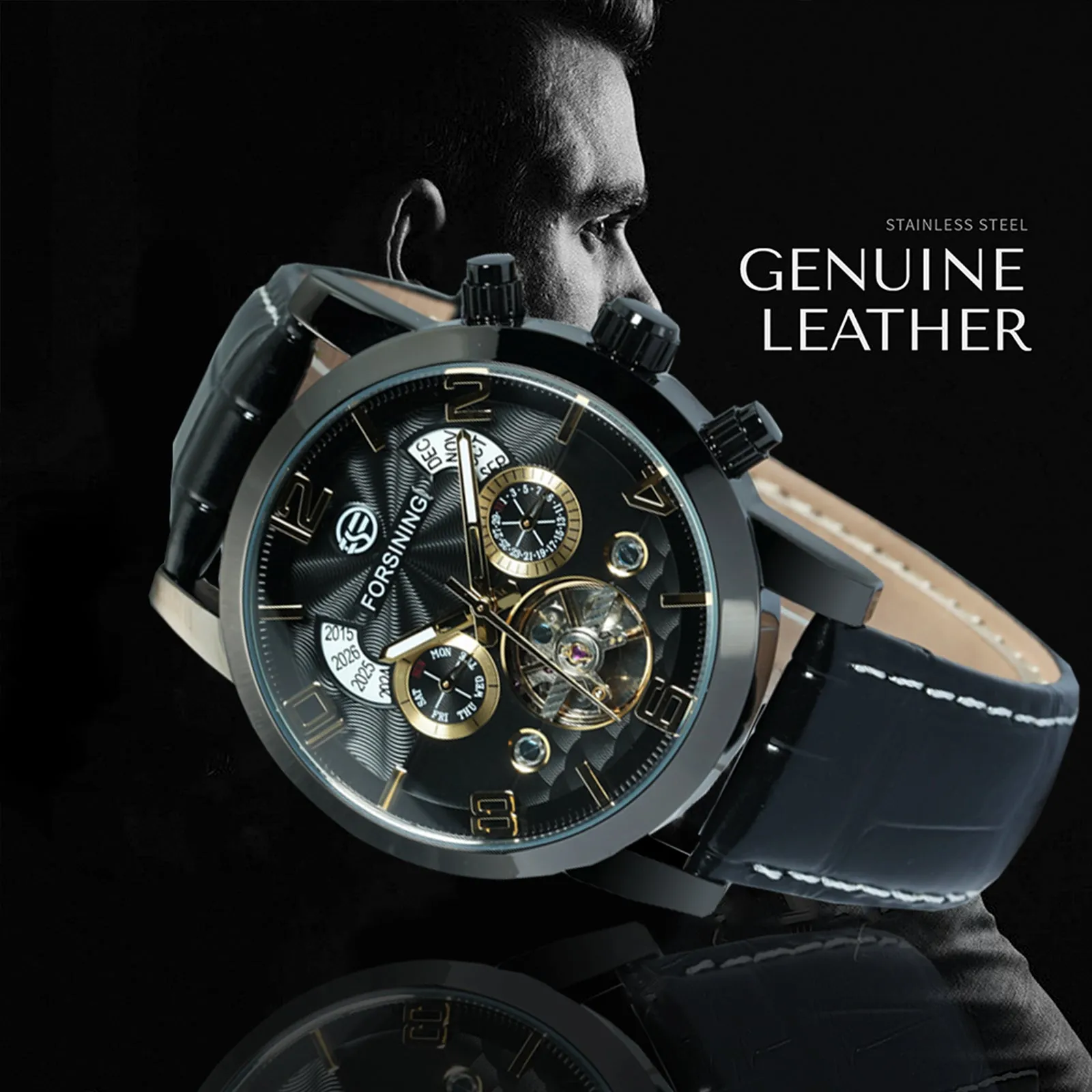 Forsining Vintage Tourbillon Skeleton Automatic Mechanical Watches for Men A165 Multifunction Dial Genuine Leather Strap