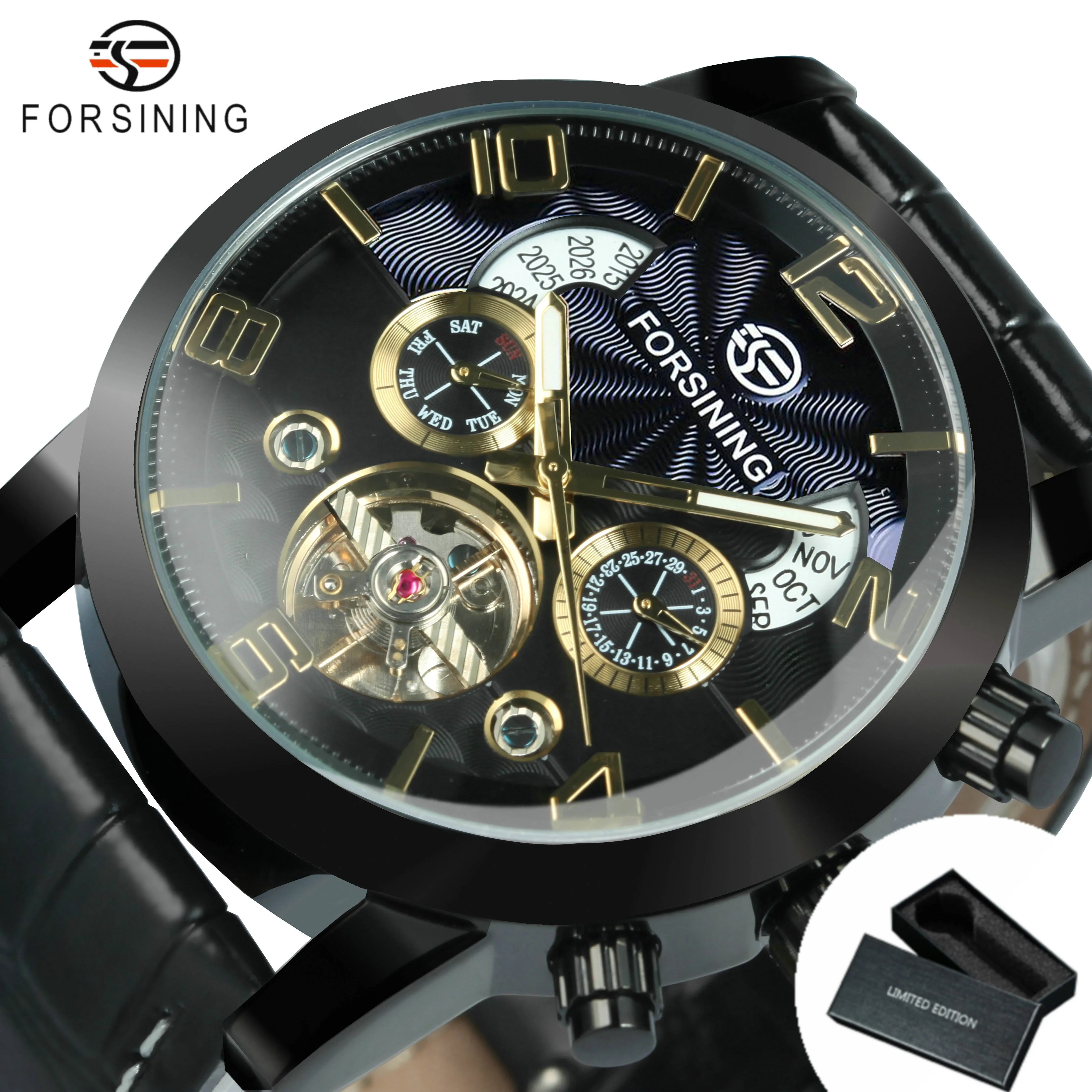 Forsining Vintage Tourbillon Skeleton Automatic Mechanical Watches for Men A165 Multifunction Dial Genuine Leather Strap