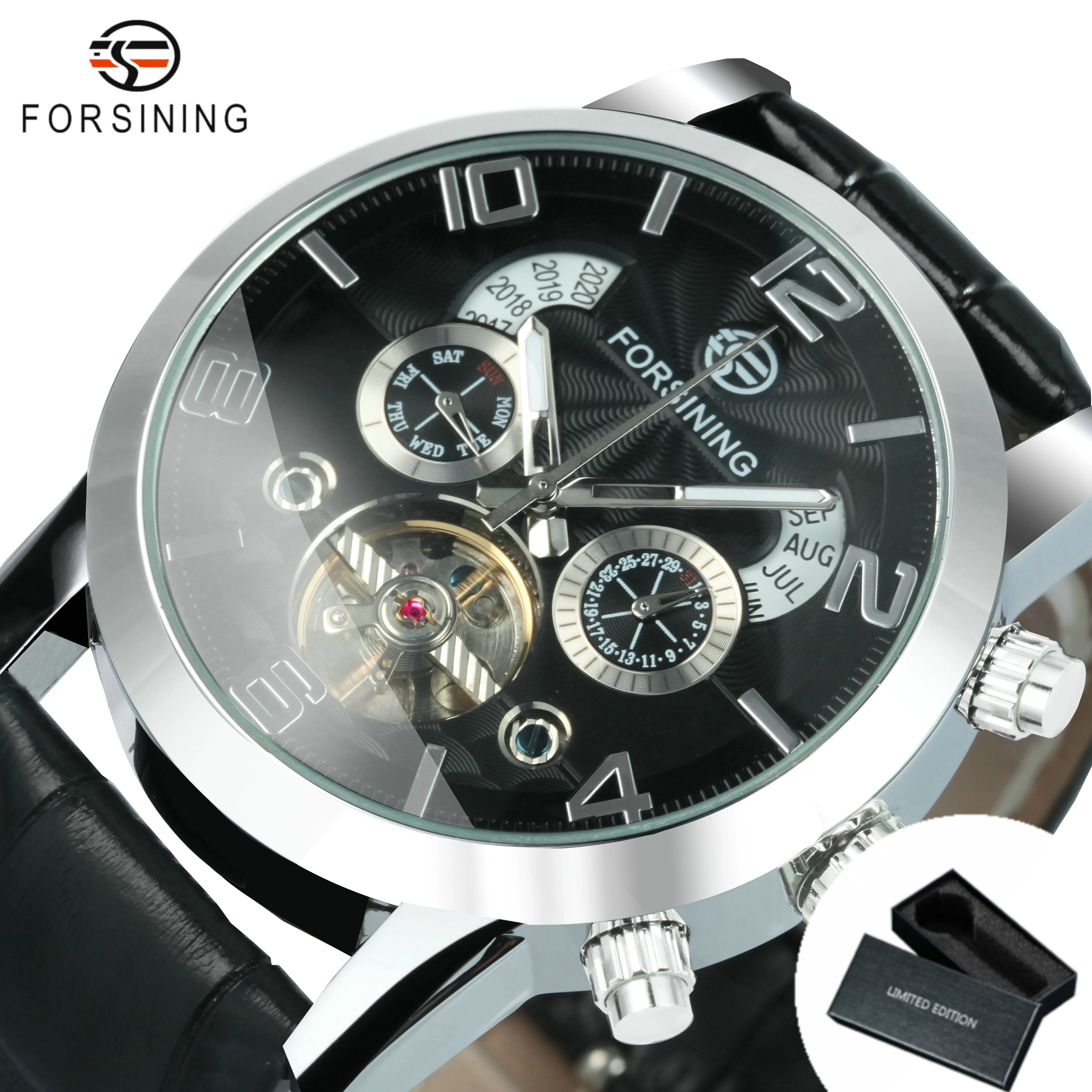 Forsining Vintage Tourbillon Skeleton Automatic Mechanical Watches for Men A165 Multifunction Dial Genuine Leather Strap