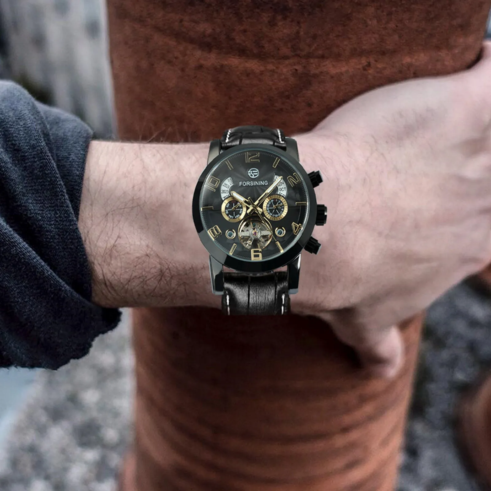 Forsining Vintage Tourbillon Skeleton Automatic Mechanical Watches for Men A165 Multifunction Dial Genuine Leather Strap