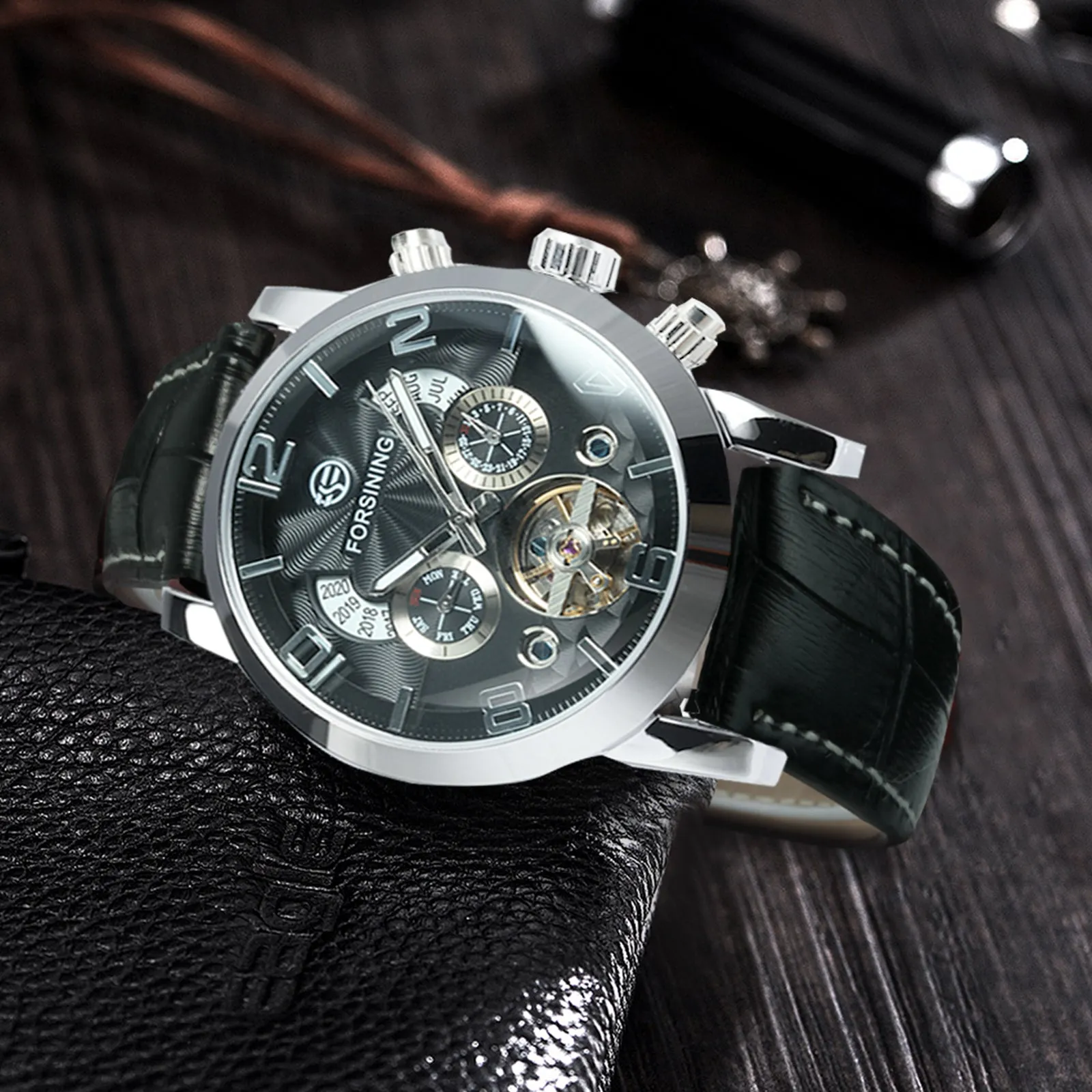 Forsining Vintage Tourbillon Skeleton Automatic Mechanical Watches for Men A165 Multifunction Dial Genuine Leather Strap