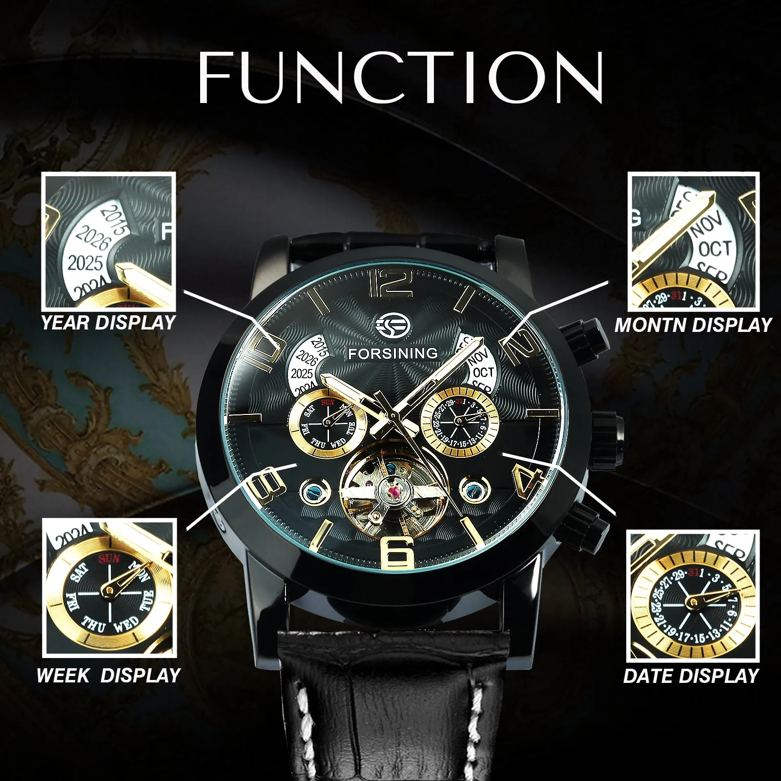 Forsining Vintage Tourbillon Skeleton Automatic Mechanical Watches for Men A165 Multifunction Dial Genuine Leather Strap
