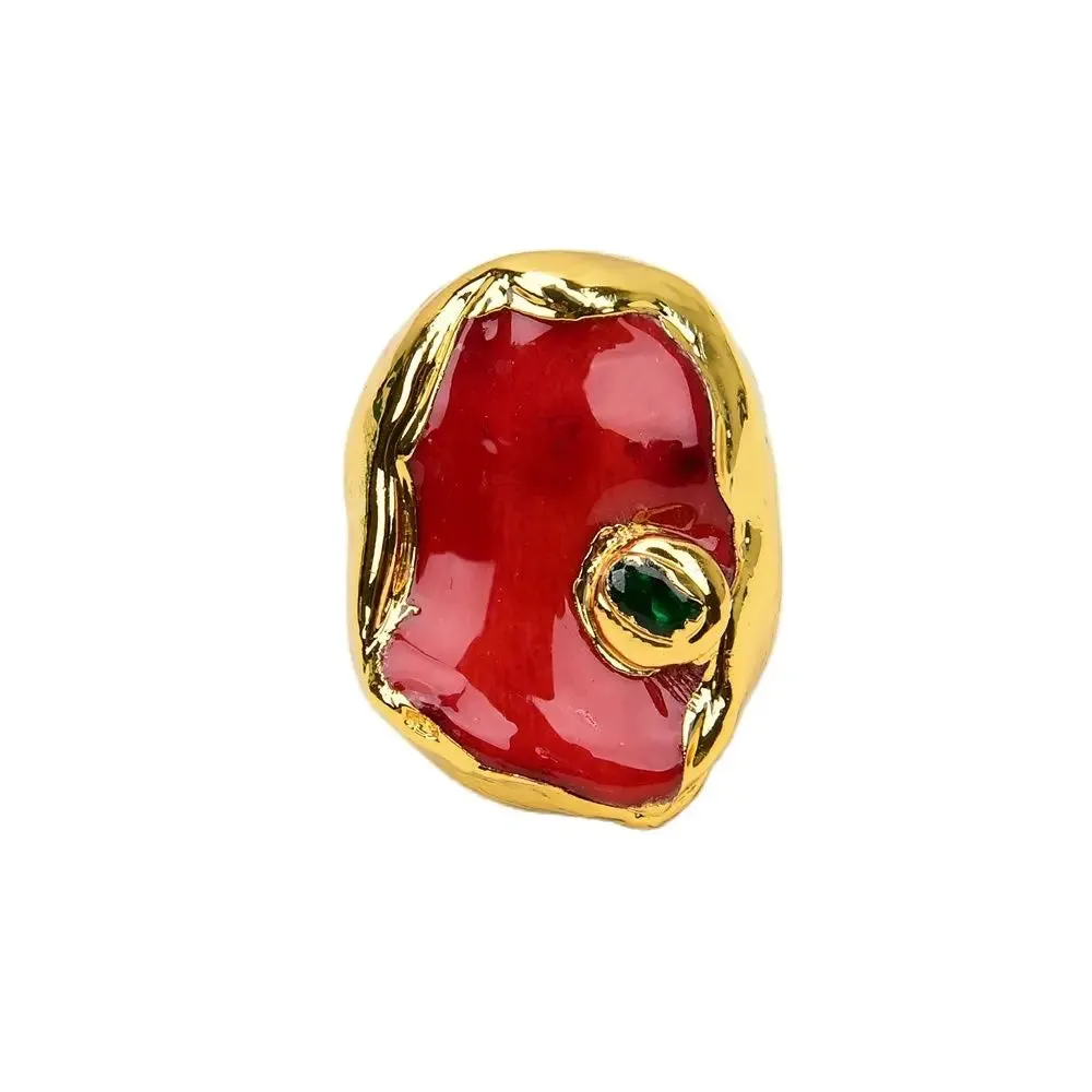 G-G Natural Red Coral Nugget Green Crystal CZ Pave Ring