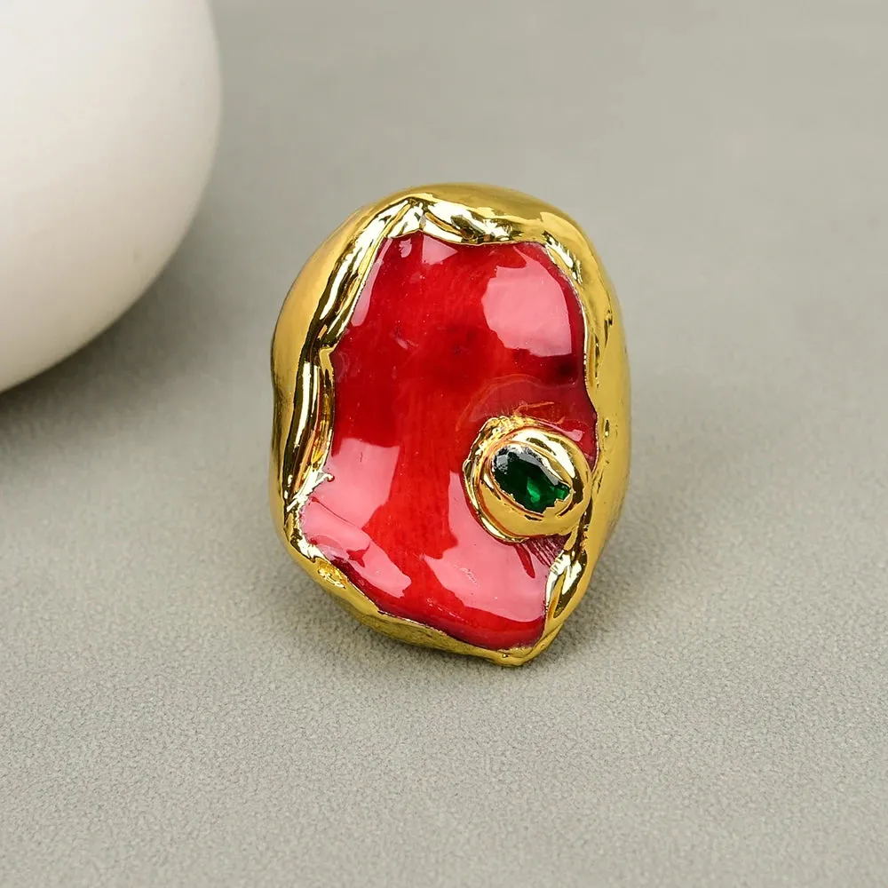 G-G Natural Red Coral Nugget Green Crystal CZ Pave Ring