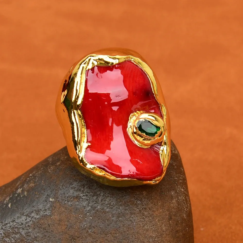 G-G Natural Red Coral Nugget Green Crystal CZ Pave Ring