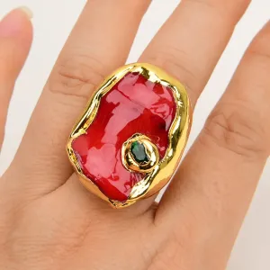 G-G Natural Red Coral Nugget Green Crystal CZ Pave Ring