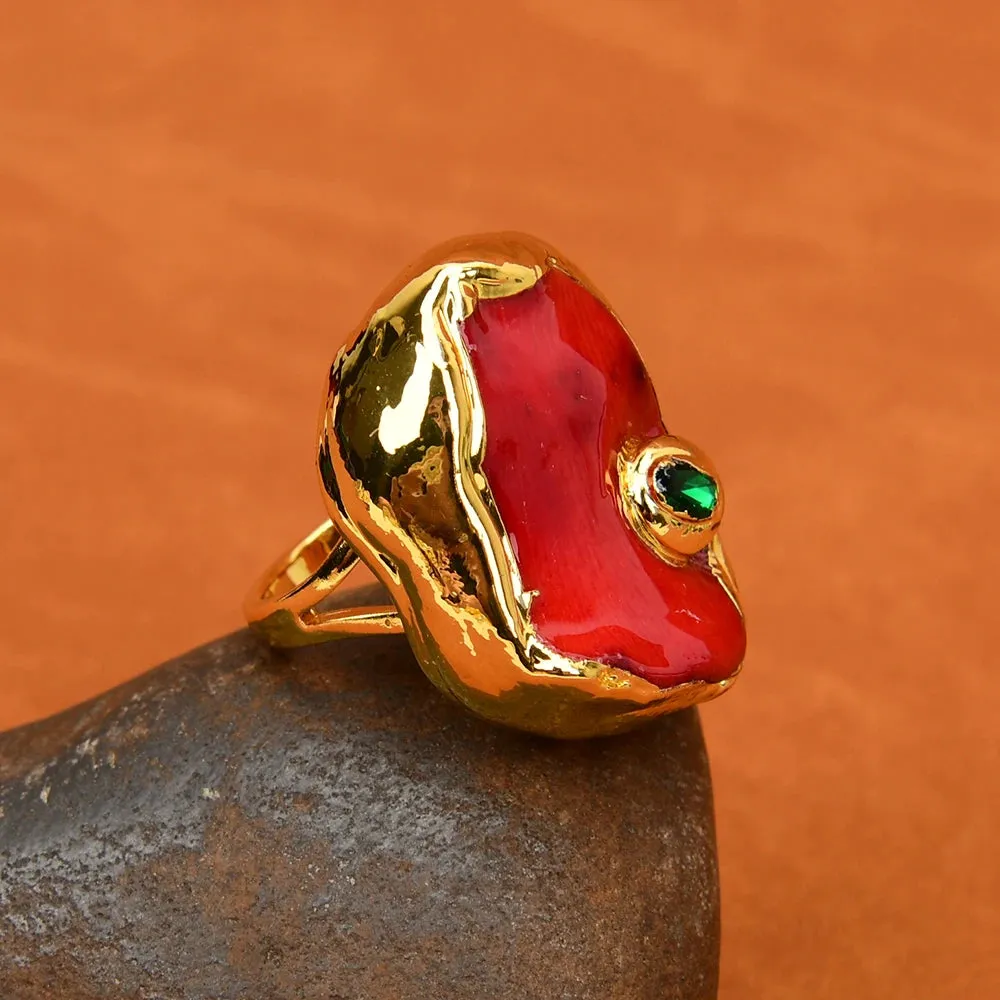 G-G Natural Red Coral Nugget Green Crystal CZ Pave Ring