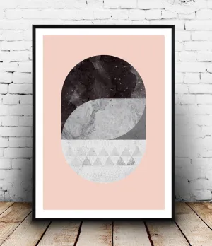 Geometric abstract print with marble texture and pink background
