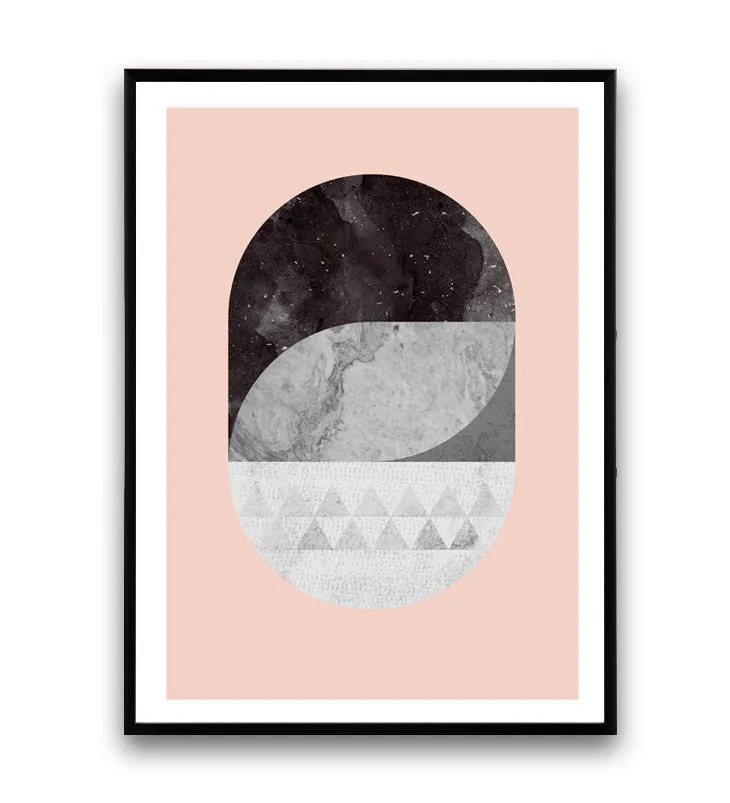 Geometric abstract print with marble texture and pink background