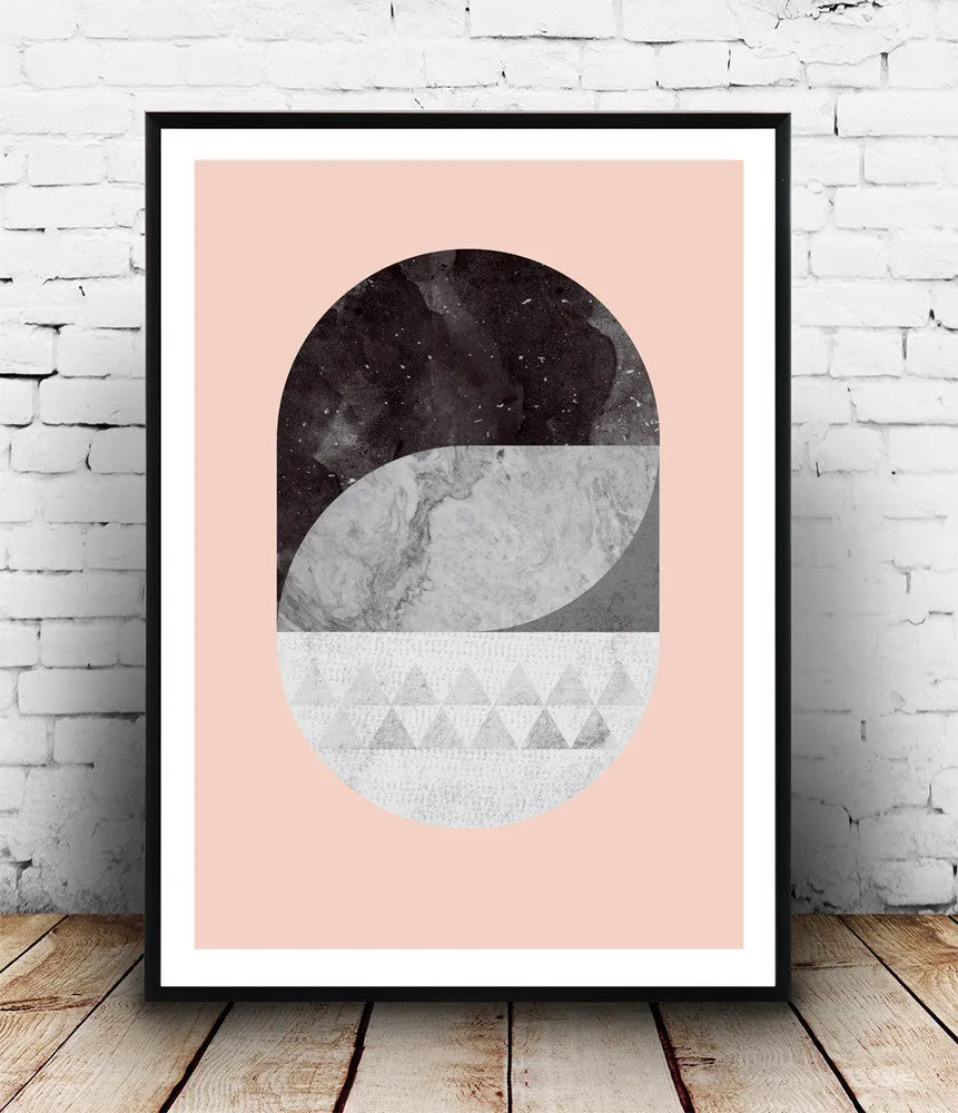 Geometric abstract print with marble texture and pink background