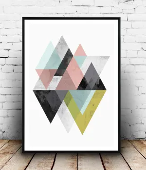Geometric mountains art print in pink, blue and yellow-green