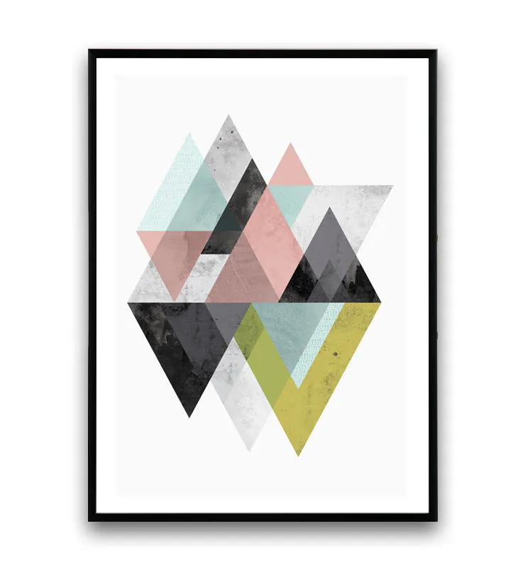 Geometric mountains art print in pink, blue and yellow-green