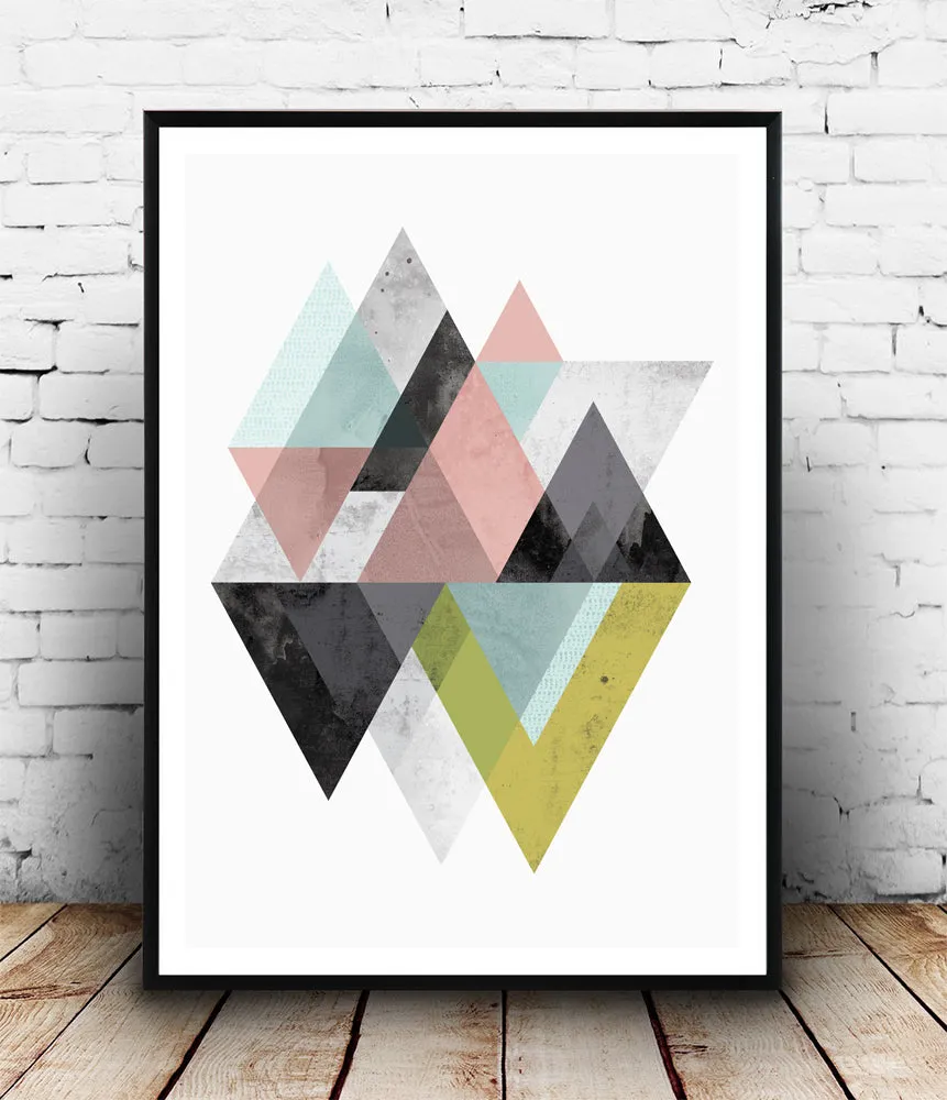 Geometric mountains art print in pink, blue and yellow-green