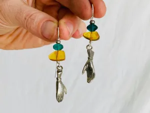 Hand Chachal Earrings. Amber and Vintage Crystal. Sterling Silver Ear Wire